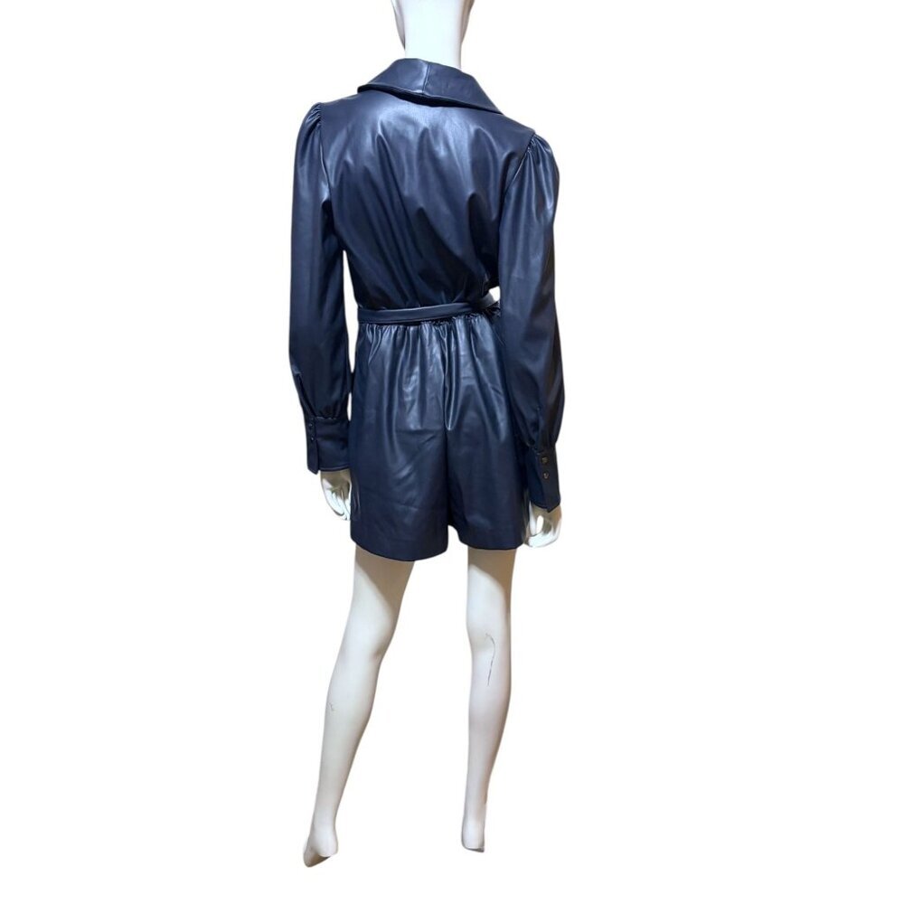 BCBG Slate Blue Faux Leather Long Sleeve Romper M Wrap Moto Luxe Biker Rave - Picture 5 of 11